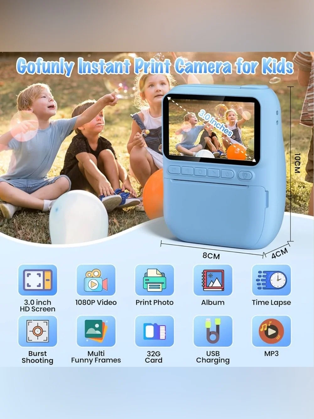 Kids Instant Print Camera 32GB – HD Digital Camera w/ Photo Printing, Blue